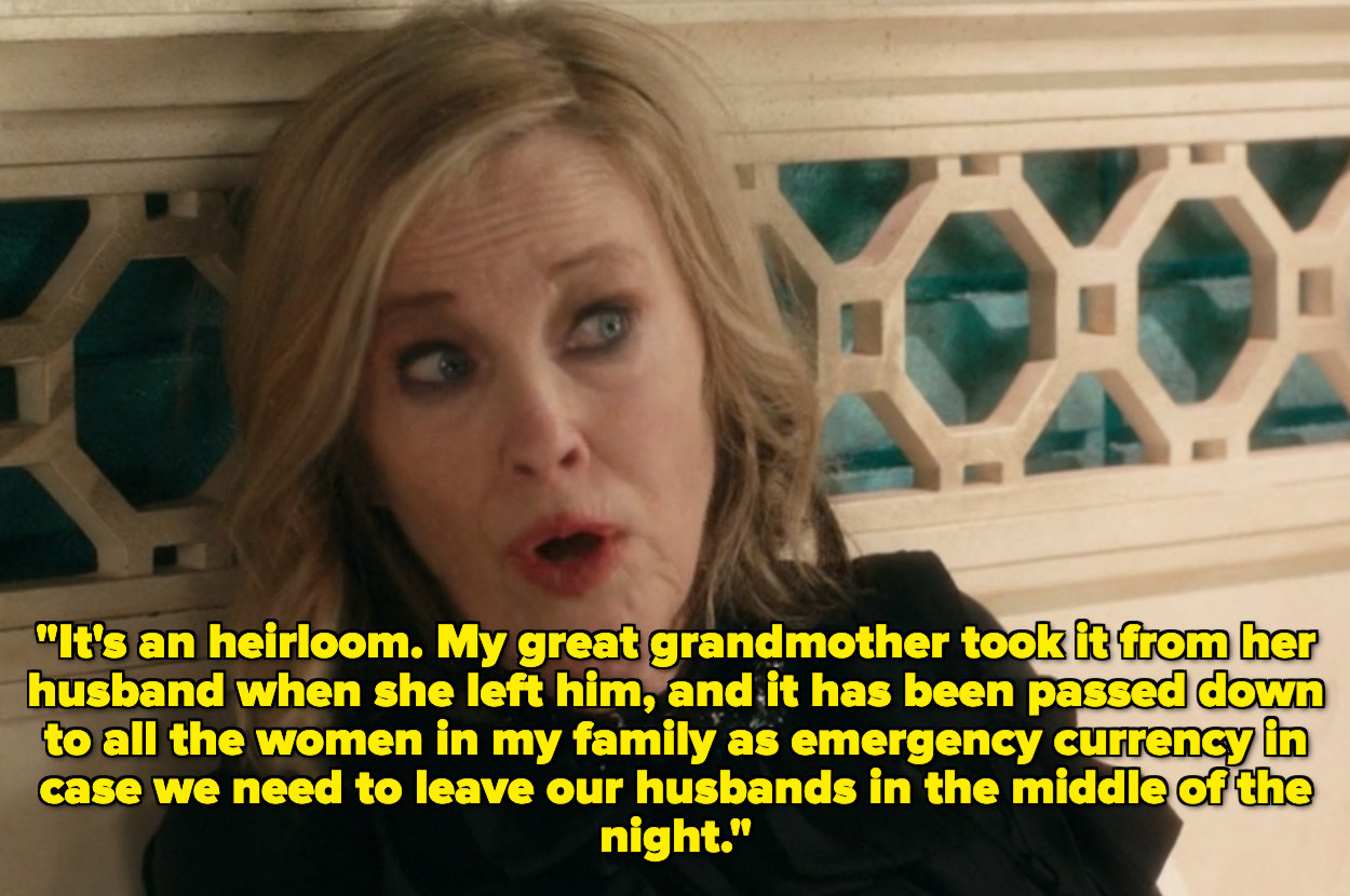 Moira explaining that her bag has been passed down as emergency currency