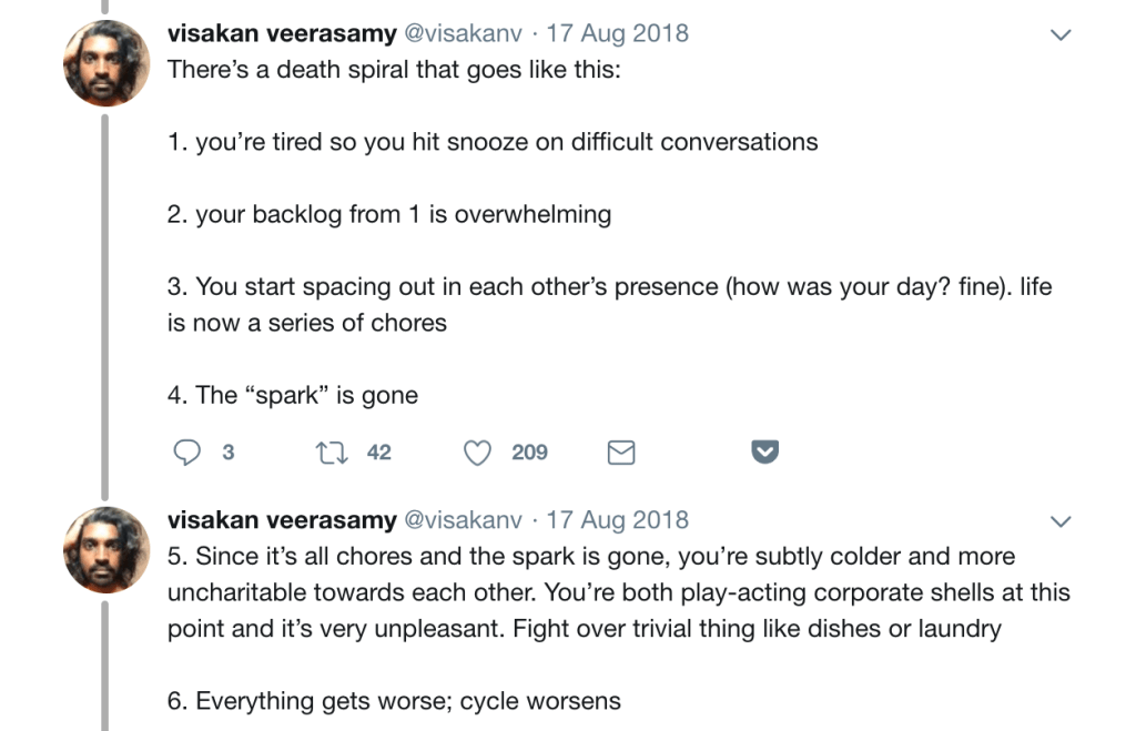 1. Hit snooze on difficult conversations2. Backlog from 1 overwhelms3. Start spacing out in each other's presence4. The spark is gone.5. Fights become trivial6. Cycle worsens