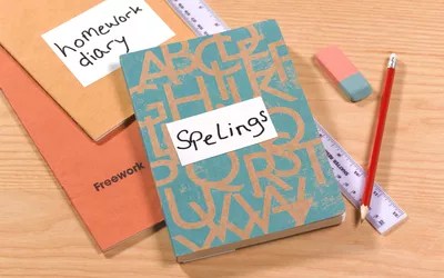 homework notebook with misspelled word on the cover